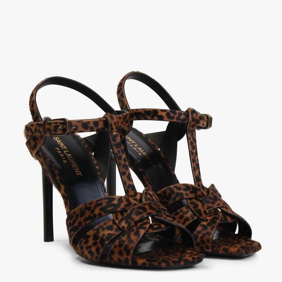 Saint Laurent YSL Tribute Black Brown Leopard Pony T Strap Sandal Heel Pump 39.5 - Picture 2 of 12